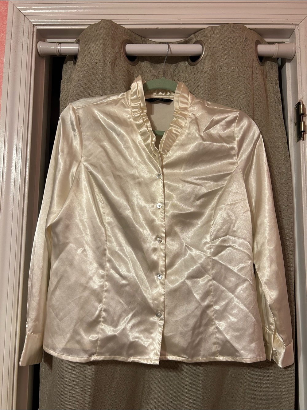 Investments Cream Satin Ruffle Collar Button-Front Top